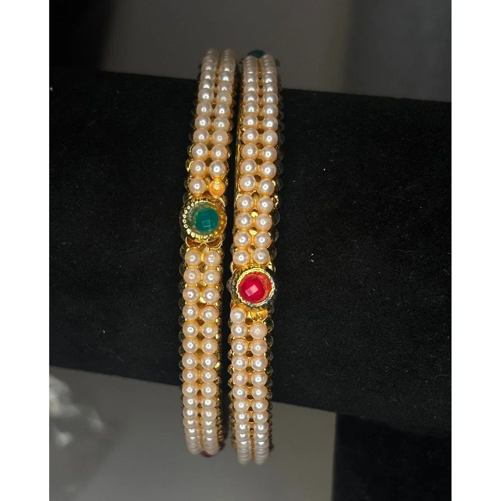 Indian Gold Tone Pearl Bangle Set Red Green Cabochon Bollywood Ethnic Bracelets